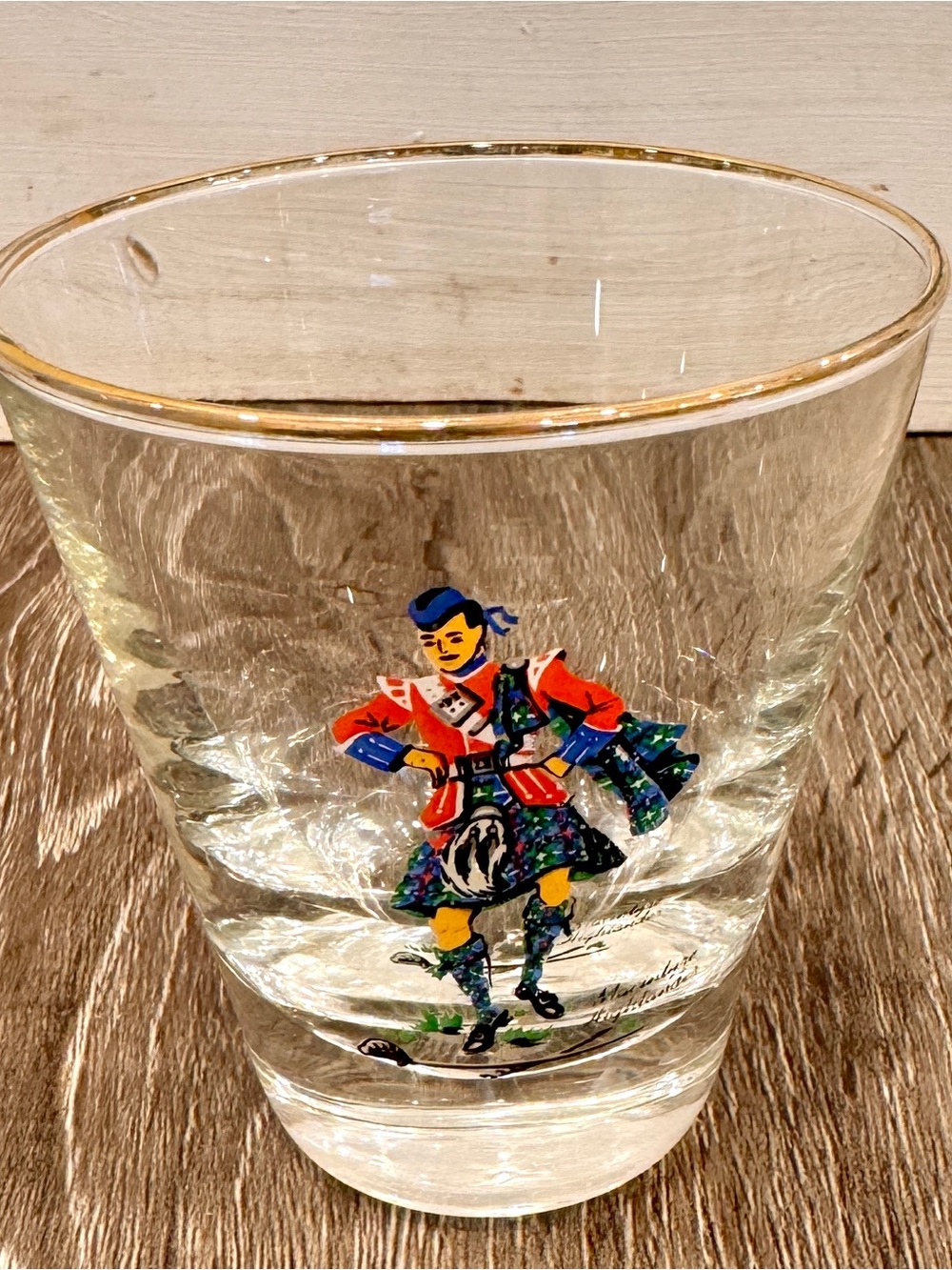 Vintage Libbey Scottish Highlander Dancer Glass Gold Rim Small 3” Barware